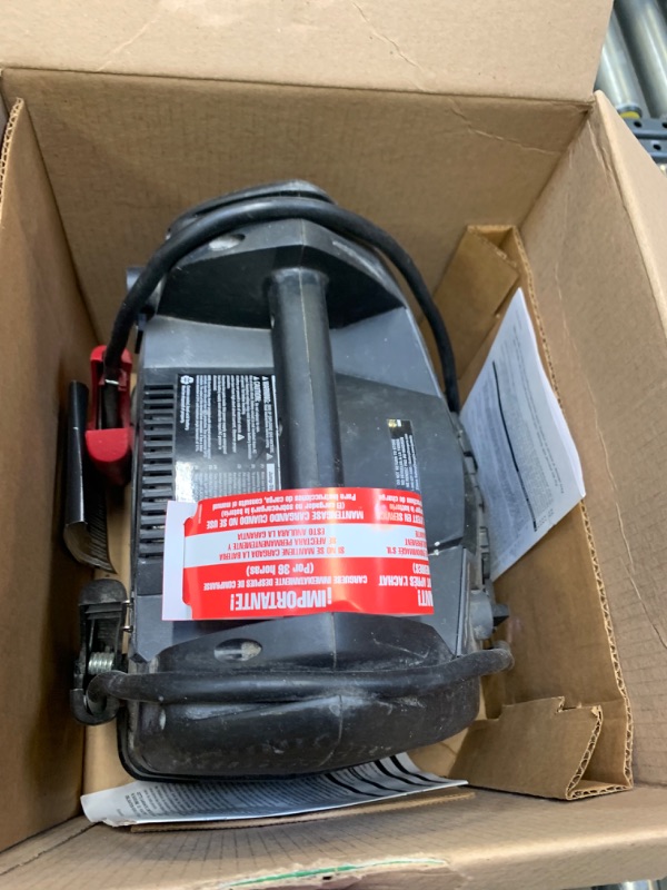 Photo 4 of Schumacher FR01337 Rechargeable AGM Jump Starter for Gas, Diesel Vehicles - 1200A with Air Compressor and 12V USB/AC Power Station to Charge Phones, Accessories --- Box Packaging Damaged, Moderate Use, Dirty From Previous Use
