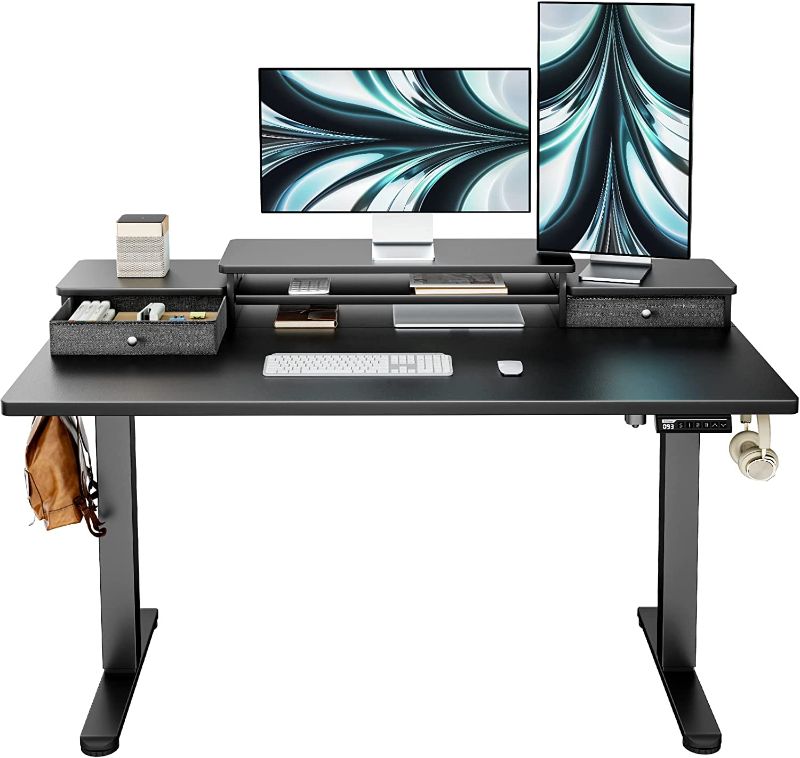 Photo 1 of ErGear Electric Standing Desk with Double Drawers, 48x24 Inches Adjustable Height Sit Stand Up Desk, Home Office Desk Computer Workstation with Storage Shelf, Black --- Box Packaging Damaged, Item is New

