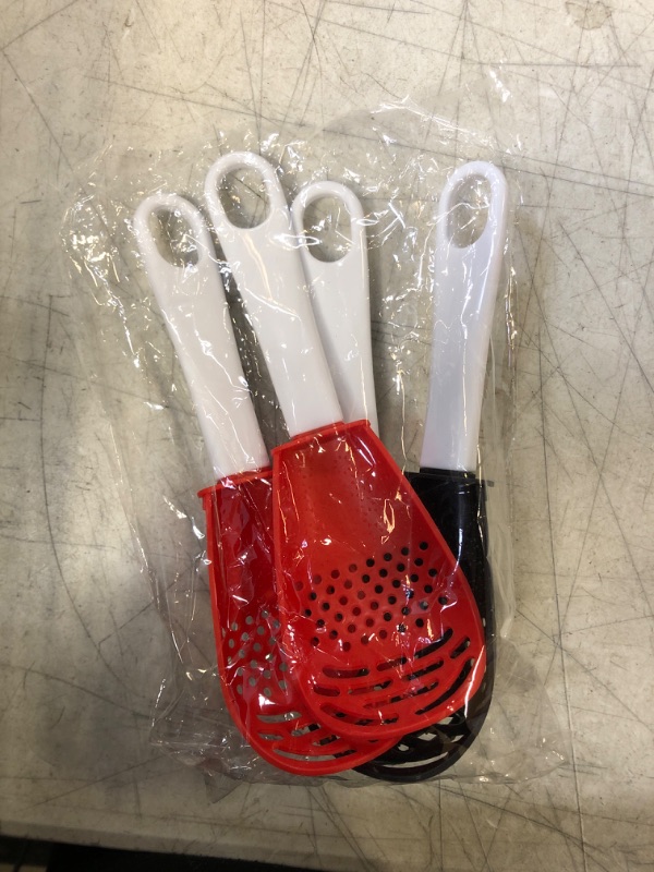 Photo 2 of 4 PCS Multifunctional Cooking Spoon, All Purpose Kitchen Tool Skimmer Scoop Colander Strainer Grater Masher, Food-Grade High Temperature Resistant Cooking Gadgets (2Red+2Black)