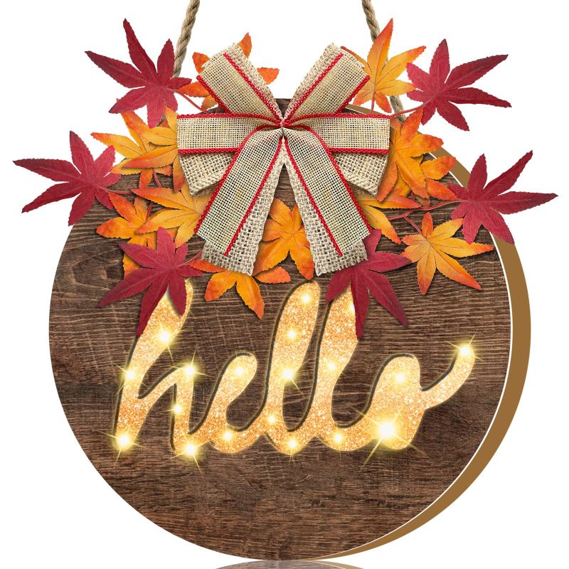 Photo 1 of [ Lighted & Timer ] Thanksgiving Fall Wreath for Front Door Decor Hello Sign Maple Leaves Battery Operated Wooden Hanging Sign Autumn Harvest Thanksgiving Indoor Outdoor Wall Home Decorations