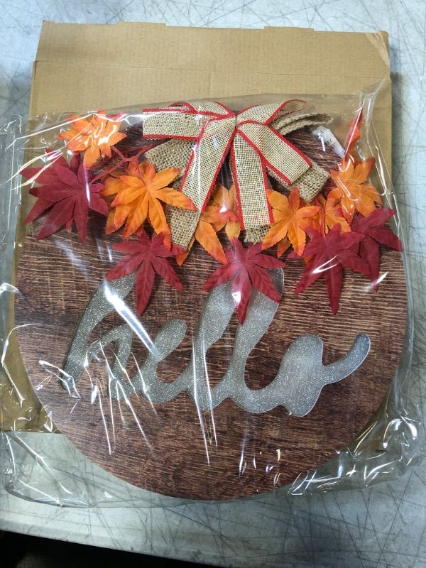 Photo 2 of [ Lighted & Timer ] Thanksgiving Fall Wreath for Front Door Decor Hello Sign Maple Leaves Battery Operated Wooden Hanging Sign Autumn Harvest Thanksgiving Indoor Outdoor Wall Home Decorations
