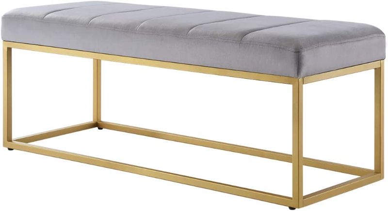 Photo 1 of 24KF Gray Velvet Upholstered Tufted Channel Bench, Velvet Cushion with Golden Metal Frame -Gray/Golden
