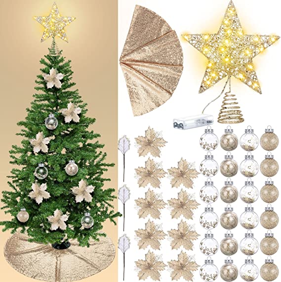 Photo 1 of 38 Pcs Christmas Tree Decoration Set Include 48 Inch Round Christmas Sequin Tree Skirts Tree Topper Star with LED Lights 24 Clear Decorative Ball 12 Christmas Flowers (Gold)