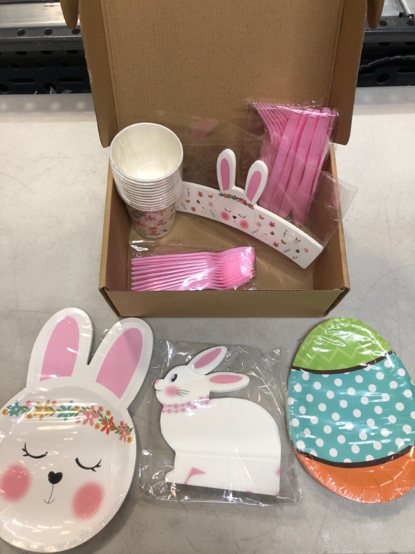 Photo 2 of Bunny Party Supplies | Rabbit Themed 1st Birthday, Dinnerware Set Pack of 68 | 7in 10in Plates 3 Ply Napkins, Cups and Cup Sleeves with Knife Fork and Spoon Set Birthday Party Decorations