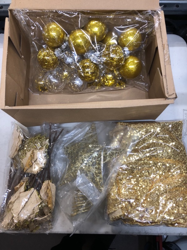 Photo 1 of 38 Pcs Christmas Tree Decoration Set Include 48 Inch Round Christmas Sequin Tree Skirts Tree Topper Star with LED Lights 24 Clear Decorative Ball 12 Christmas Flowers (Gold)