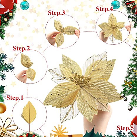 Photo 1 of 30 Pcs Large Christmas Poinsettia Flower with Stems 7 Inch Glitter Artificial Poinsettia Picks Christmas Poinsettia Flowers for DIY Party Wreath Garlands Wedding Holiday Decorations (Gold)