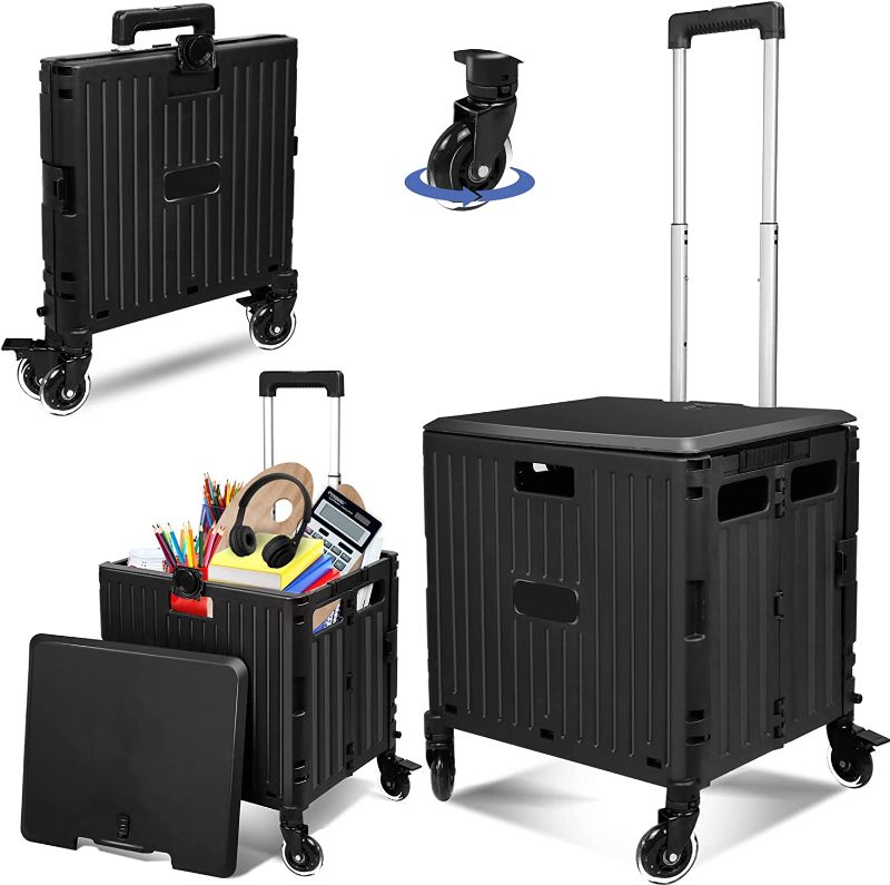 Photo 1 of 65 L Large Capacity Collapsible cart Four-Wheel Rolling Crate Supporting 130 lb.with Detachable 360° Rotating Wheel Telescopic Handle Suitable for Teacher cart, Shopping, Luggage Tool Office.(Black)
**USED AND DIRTY**