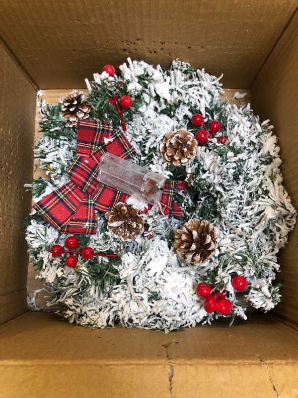 Photo 3 of 3 Pack Snow Flocked Prelit Christmas Wreaths with Lights Bows Pinecone Red Berry Battery Operated Artificial Xmas Wreath Decorations for Front Door Window Wall Cabinets Outdoor Indoor Home(13 Inch)