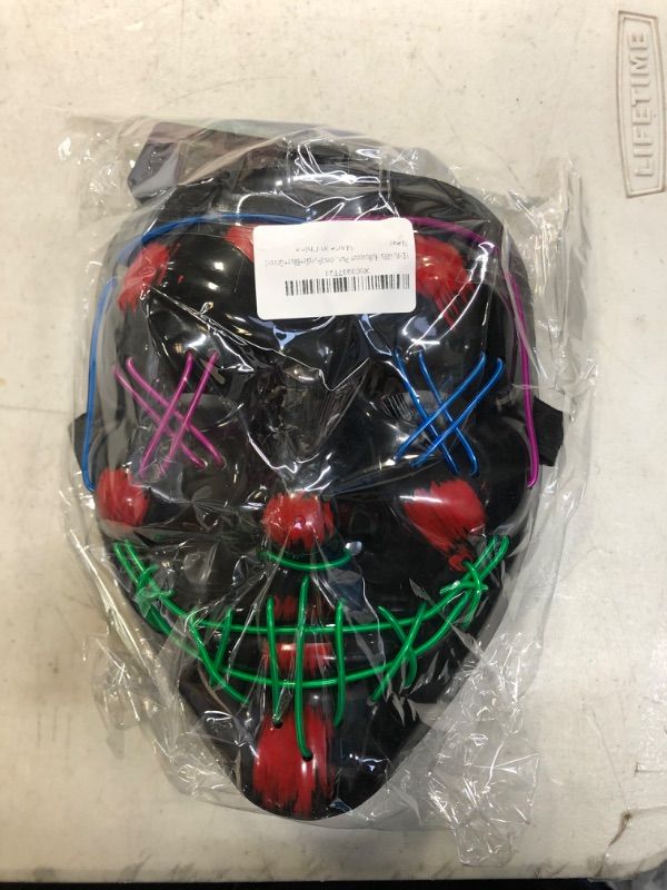 Photo 2 of YEHUARIS Halloween Purge Mask,2 Color LED Light up Mask for Adult Men Women Kids,Scary Glow Mask with 4 Lighting Mods Purple+blue+green