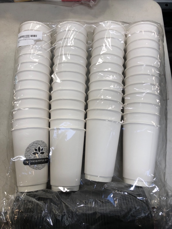 Photo 2 of [50 Count] Hot Beverage Disposable White Paper Coffee Cup with Black Lid, Coffee Double Paper Cups. Wonderful Day Cups. (16 oz)