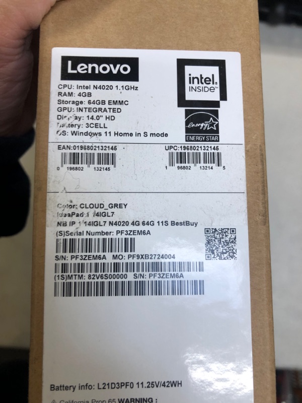 Photo 3 of Lenovo IdeaPad 1i 14.0" HD Laptop - Intel Celeron N4020, 4GB RAM, 64GB eMMC, Windows 11 S Mode - Cloud Grey (82V6S00000)