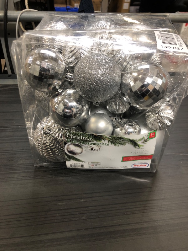 Photo 2 of Prextex Christmas Tree Ornaments - Silver Christmas Ball Ornaments Set for Christmas, Holiday, Wreath & Party Decorations (36 pcs - Small, Medium, Large) Shatterproof