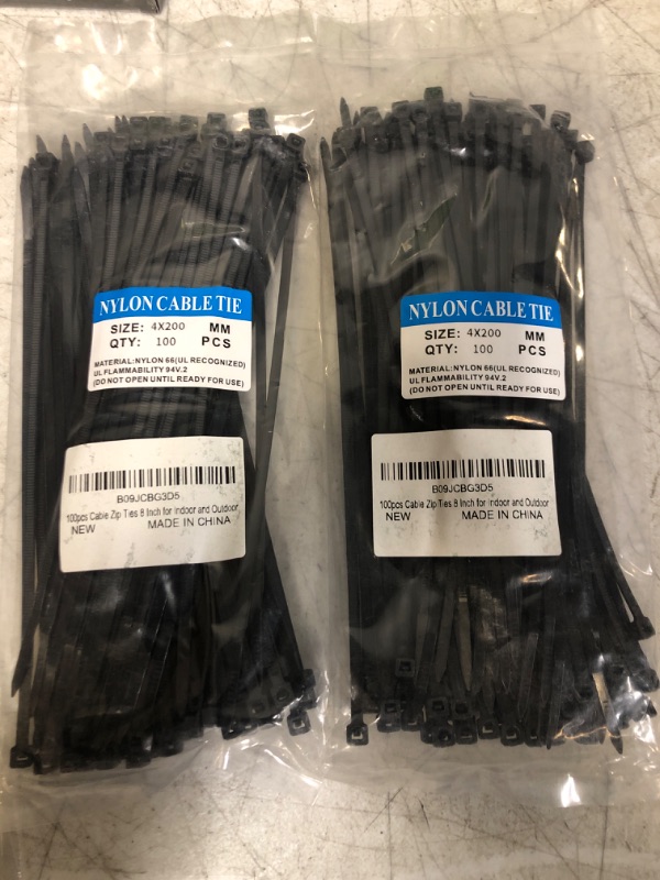 Photo 1 of 2 PACK--Cable Zip Ties 8 Inch,WKTFOBM 100 Pack Black Zip Tie with 50lbs Tensile Strength,Heavy Duty Self-Locking Multi-Purpose Nylon Wire Ties for Home,Garden,Office