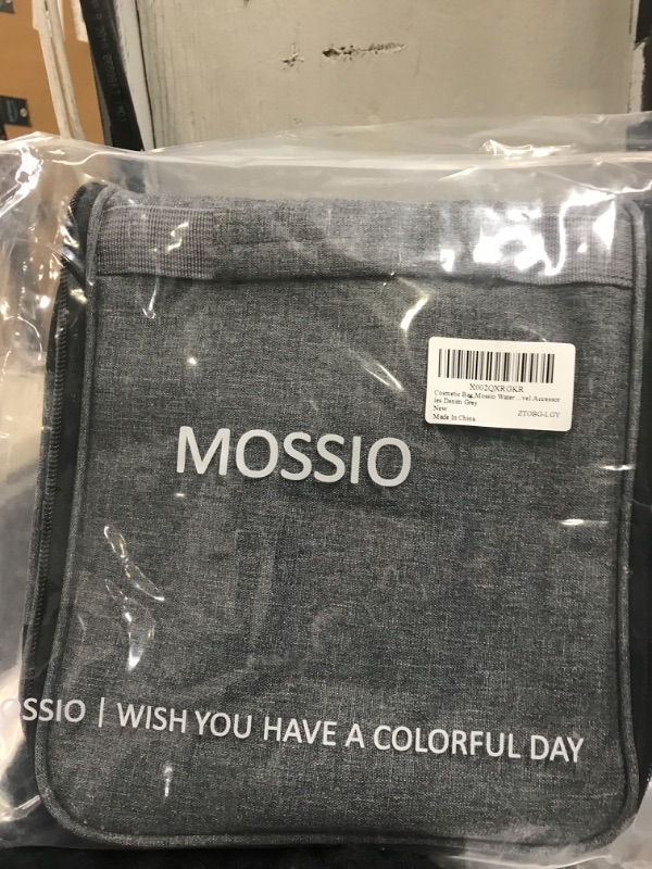 Photo 1 of Mossio Large Hanging Travel Toiletry Bag - Hygiene Bag, Bathroom and Shower Organizer Kit with Elastic Band Holders for Shampoo, Full Sized Container Denim Grey
