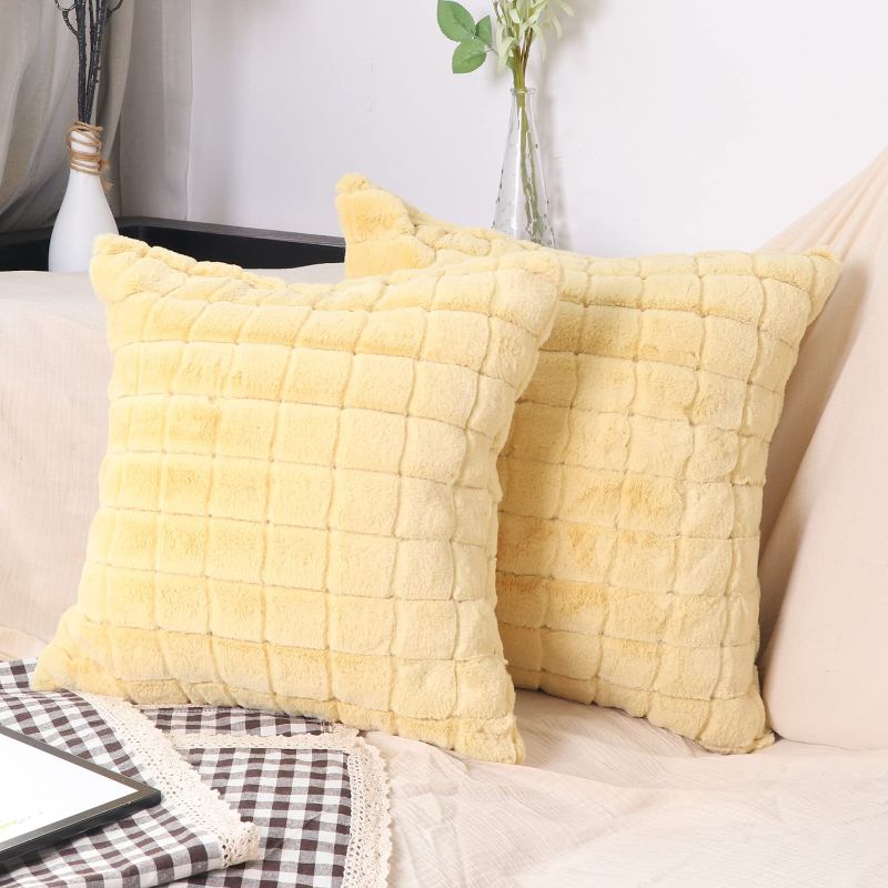 Photo 1 of 2 Pack Deluxe Soft Plush Pillowcase 18x18 Inch Deluxe Decorative Pillowcase Cushion Cover for Sofa Living Room Bedroom Set (Yellow)
