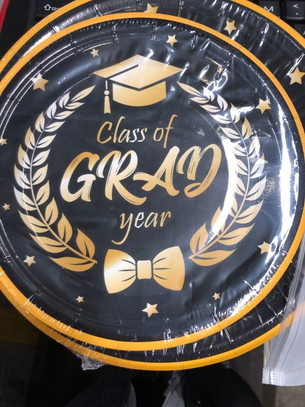 Photo 2 of 2023 Graduation Party Supplies, Graduation Party Decorations 2023, Disposable Dinnerware Set Graduation Paper Plates Congrats Grad! Including 24 Pcs Dinner Plates and Dessert Plates Serves 24 Guests 24guests Black(No tablecloth)