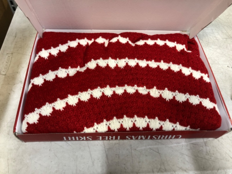 Photo 2 of 47 inches Christmas Tree Skirt, Knitted Lace-up Red Tree Mat for Rustic Xmas Holiday Decorations,Redwhite