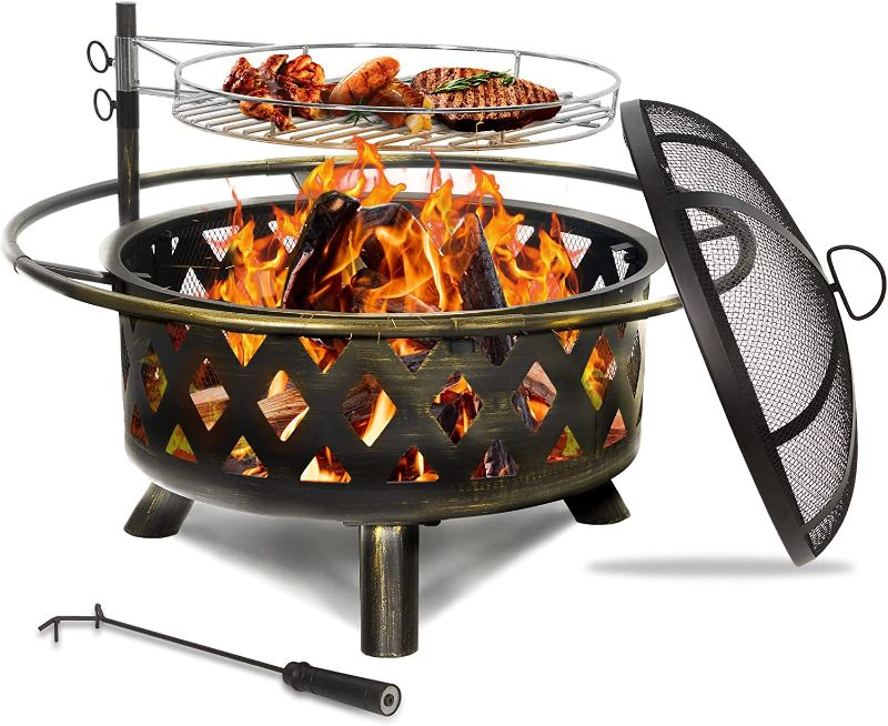 Photo 1 of  Fire Pit for Outside 30 Inch Outdoor Wood Burning Firepit Large Steel Firepit Bowl with Removable Cooking Swivel BBQ Grill for Backyard Bonfire Patio
