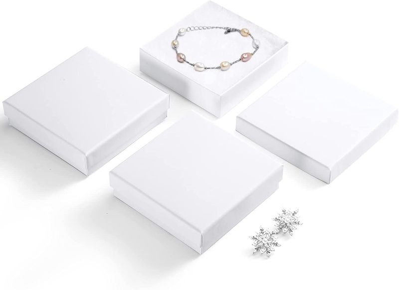Photo 1 of  Cardboard Jewelry Gift Boxes, Cotton Filled Jewlery Box w/Lids, White 3.5x3.5x1 Inch, Necklace Ring Bracelet Earring Display Box, Bulk Square Small Kraft Jewelry Gift Box, 96 Pieces
