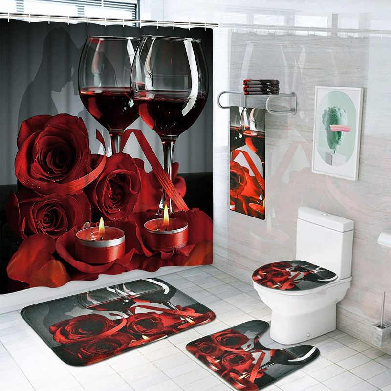 Photo 1 of  Valentines Shower Curtain Sets with Rugs and Towels, Include Non-Slip Rugs, Toilet Lid Cover, Bath Towel and Mat, Romantic Red Rose Shower Curtain with 12 Hooks for Bathroom Decoration
