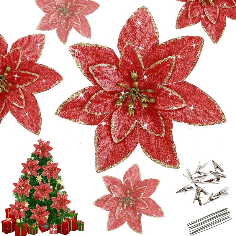 Photo 1 of  Red Christmas Glitter Poinsettia Flowers Decorative Artificial Poinsettia Flowers 