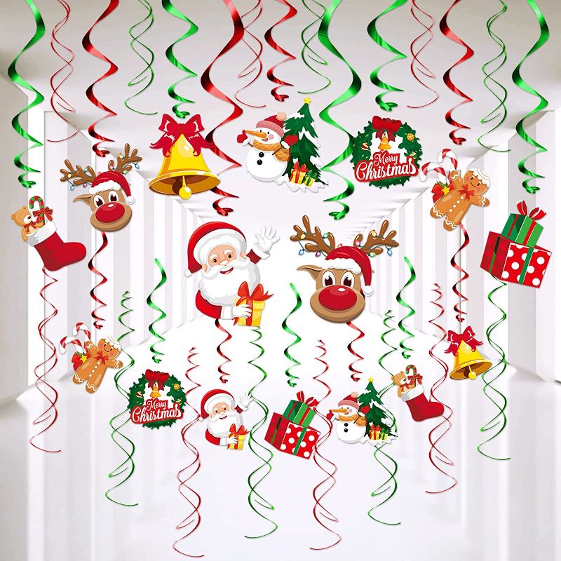 Photo 1 of 30 PCS Christmas Swirls Garland Foil Hanging Ceiling Decoration for Winter Wonderland Holiday Party Supplies with Christmas Deer & Santa Claus & Tree & Gift & bell
