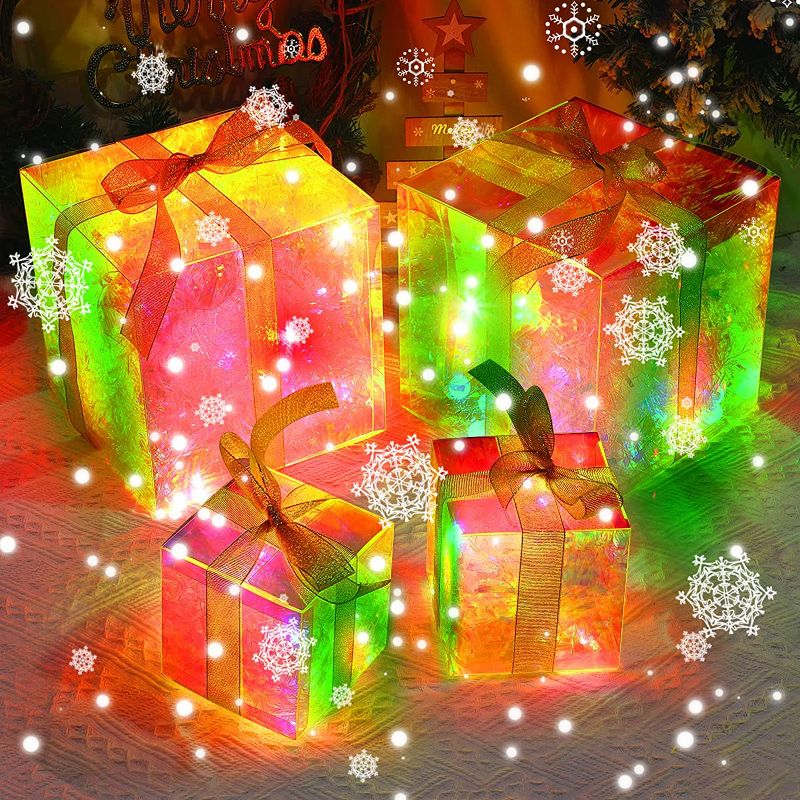 Photo 1 of 4 Packs Christmas Lighted Gift Boxes Holographic Tinsel Plastic Decorative Boxes with Cellophane Wrap Paper Glitter Ribbon and LED Light for Xmas Tree Indoor Outdoor Yard Decorations (8 Inch, 4 Inch)
