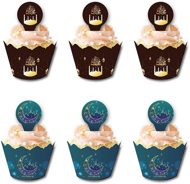 Photo 1 of  24sets Eid Mubarak Cupcake Wrappers Toppers Ramadan Party Supplies Eid Party Decoration(Blue/Brown)
