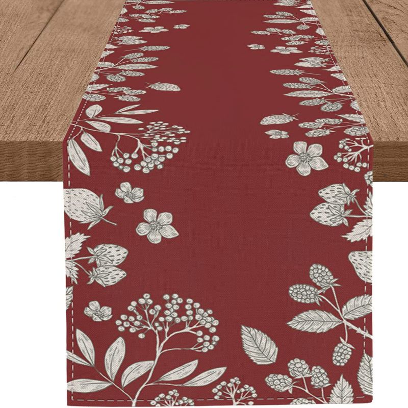 Photo 1 of  Christmas Berry Table Runner Raspberry Burlap Cranberry Red Table Runner(13x90IN)
