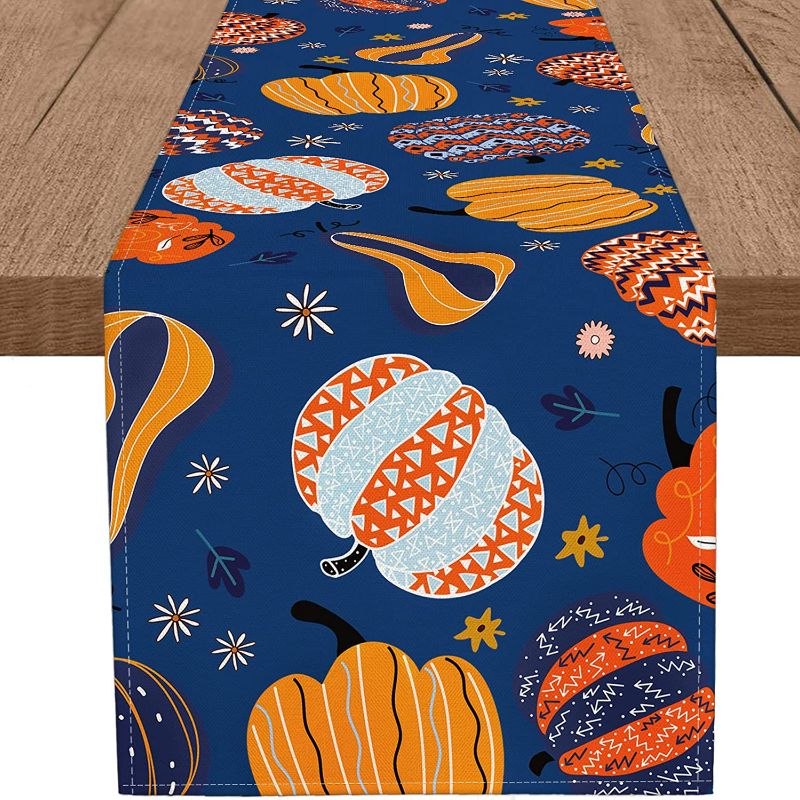 Photo 1 of  Boho Table Runner Navy Blue Fall Abstract Pumpkin Burlap Table Runner  (13x108in)
