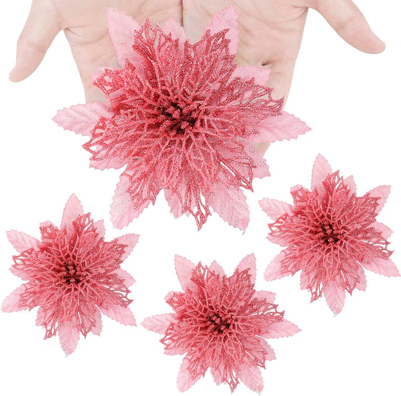 Photo 1 of 12Pcs Christmas Glitter Poinsettia Artificial Flowers with Stems Christmas Ornaments for Xmas Tree Wreaths Garland Holiday Seasonal Wedding Decorations-Pink, 7"
