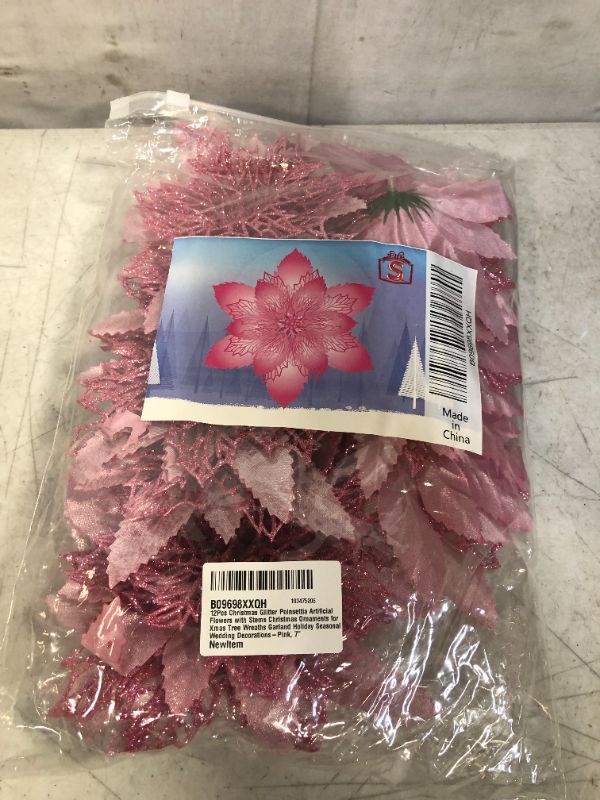 Photo 2 of 12Pcs Christmas Glitter Poinsettia Artificial Flowers with Stems Christmas Ornaments for Xmas Tree Wreaths Garland Holiday Seasonal Wedding Decorations-Pink, 7"
