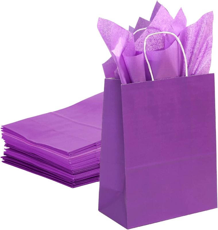 Photo 1 of  purple Bulk Kraft Party Gift Bags With 24 Sheets of purple Wrapping Paper, Small Size Gift Bag, 
