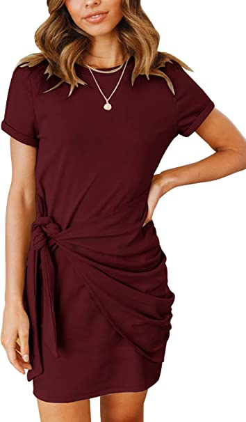 Photo 1 of  Women's Short Sleeve Crew Neck T Shirt Dress Tie Waist Ruched Bodycon Mini Dress   S
