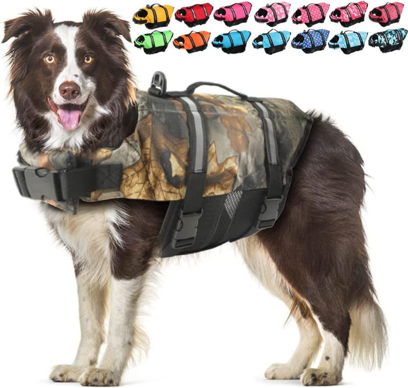 Photo 1 of  Dog Life Jackets, Reflective & Adjustable Preserver Vest with Enhanced Buoyancy & Rescue Handle for Swimming,Camouflage ?XXS
