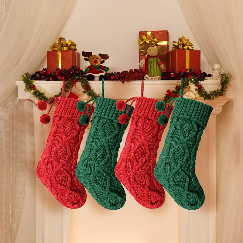Photo 1 of 4 Pcs 18 Inch Christmas Stockings Cable Knitted Xmas Stockings with Pompom Ball  (Red, Dark Green)
