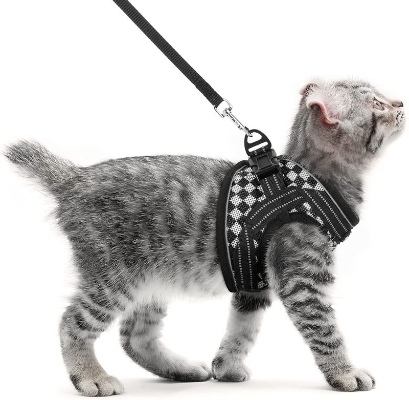 Photo 1 of  Cat Harness and Leash, Escape Proof Cat Walking Harness, Adjustable Soft Mesh Kitty Vest Harness for Cats, Easy Control Breathable Outdoor Harness with Reflective Strips, Black Plaid, Small

