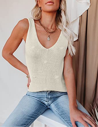 Photo 1 of  Women's V Neck Tank Tops Summer Sleeveless Knit Pom Pom Shirt Casual Loose Cami Tunic Tops White  L
