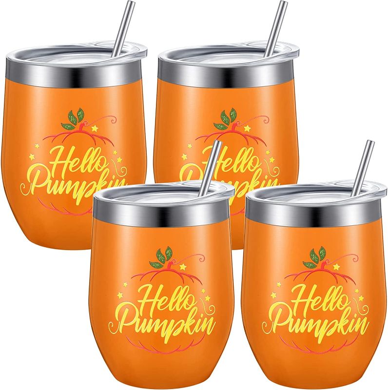 Photo 1 of 4 Pack Hello Pumpkin Wine Tumbler, Novelty Pumpkin Mug for Halloween Thanksgiving Harvest Festival, Cute Autumn Kitchen Decor, 12 oz Vacuum Insulated Coffee Mug with Straws Lids and Brushes
