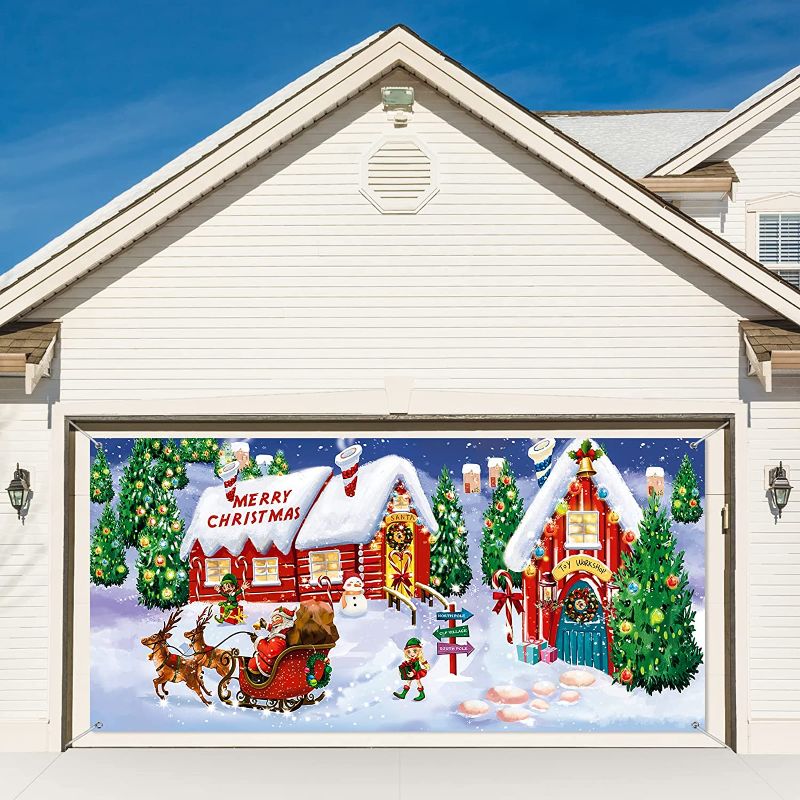 Photo 1 of 6 x 13 ft Christmas Holiday Garage Door Banner Cover Outdoor Large Merry Christmas Snowman Santa Gnome Banner Holy Nativity Backdrop Hanging Decor for Xmas New Year Outdoor Wall Background Photo Props
