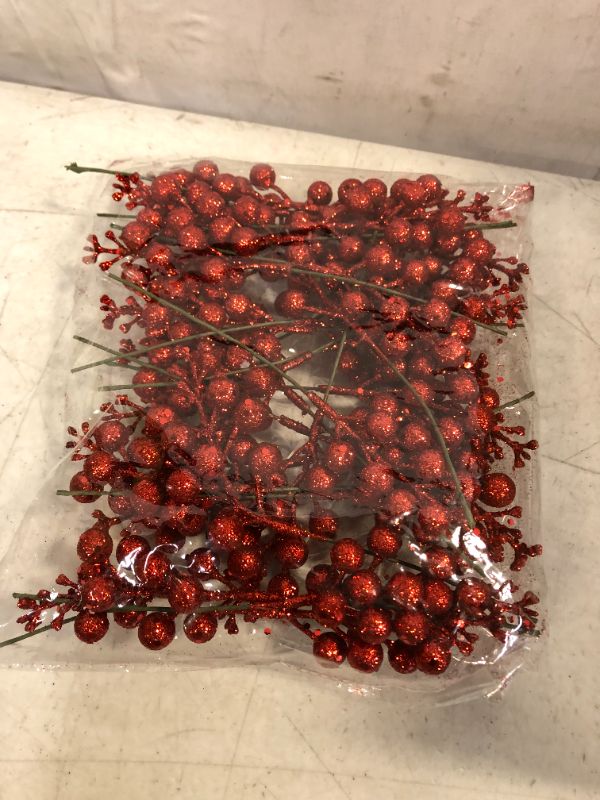 Photo 2 of  Christmas Red Glitter Berries Stems, Red Berry Branches Ornaments for Christmas Wreath Christmas Tree (24inPack)
