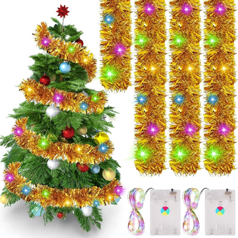 Photo 1 of 50 Feet Christmas Prelit Tinsel Garland with 65.7 ft Fairy String Lights Hanging Metallic Garland  (Gold)
