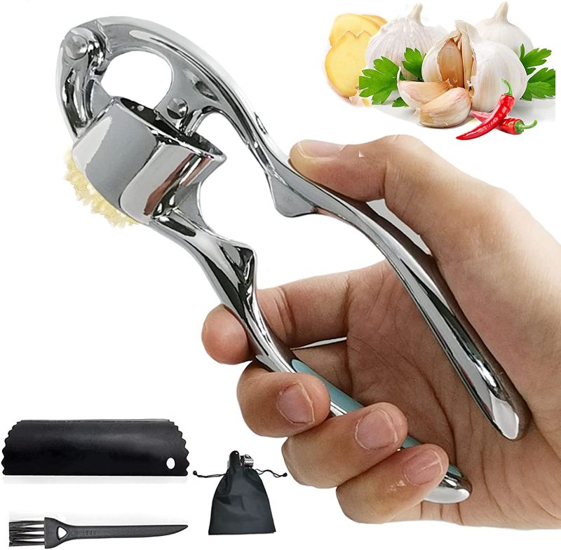 Photo 1 of  Garlic Press Stainless Steel, Premium Garlic Grinder Garlic Presses Presser, Professional Minced Garlic Mincer with Silicone Garlic Peeler and Cleaning Brush Storage Bag Masher Kitchen Tool
