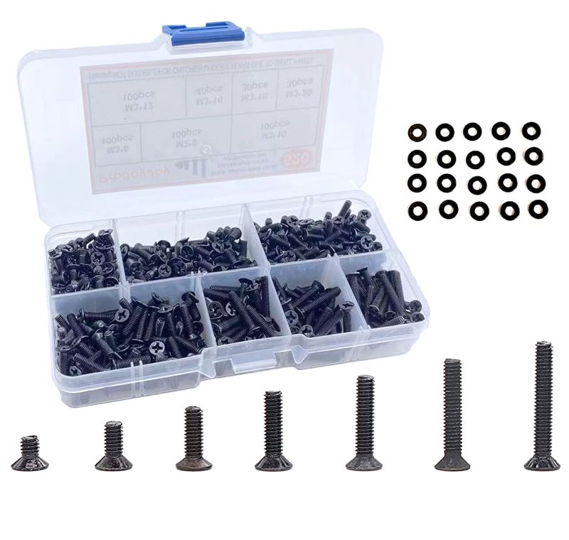 Photo 1 of 500Pcs Black Countersunk Screw Assortment Kit,M3 Flat Head Phillips Screw Assortments,M3*#6#8#10#12#16#18#20mm Carbon Steel Phillips Flat Head Machine Screws with Cap Covers
