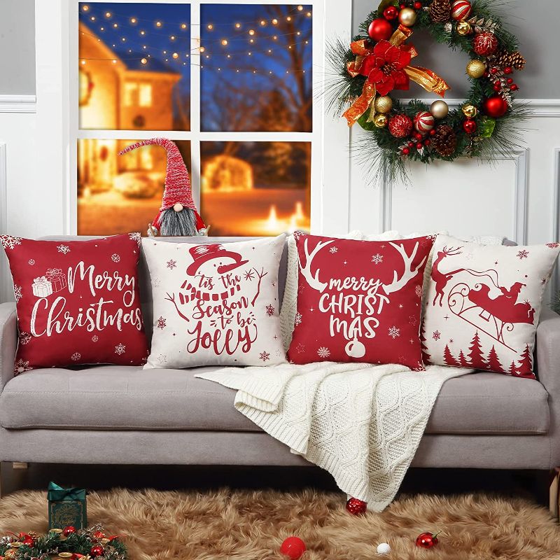 Photo 1 of  Pillow Covers Farmhouse Christmas Decorations Throw Pillow Covers Cushion Case for Sofa Couch 18 x 18 Inches Cotton Linen Set of 4
