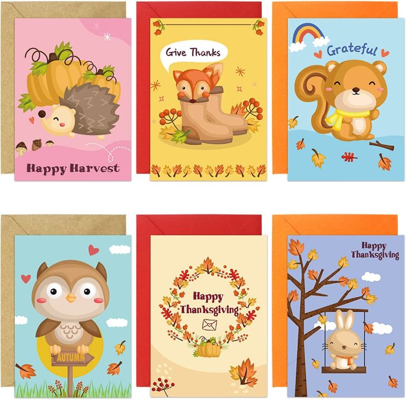 Photo 1 of 12 Thanksgiving Animal Greeting Cards with Envelopes Harvest Cards 5 X 7 for Kids Adults Friends Family
