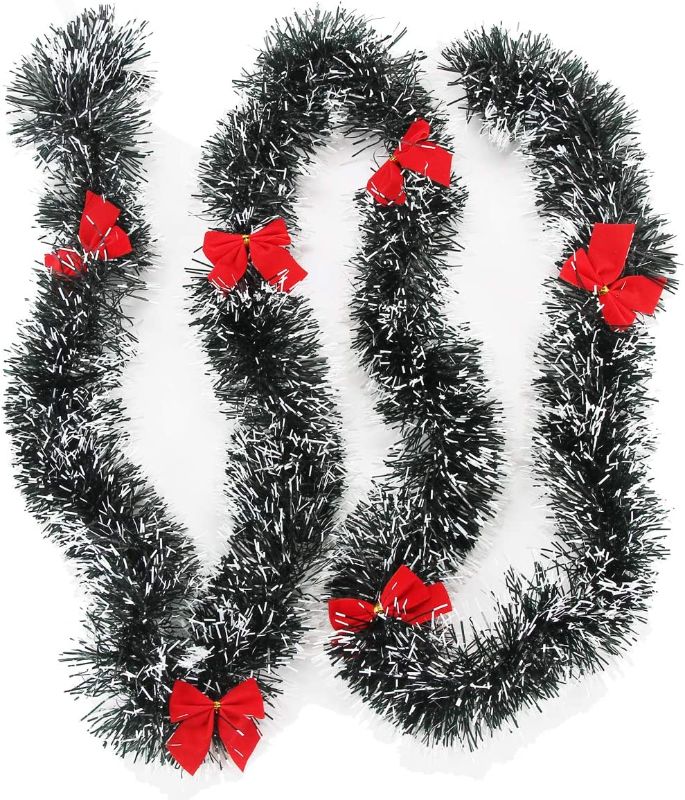 Photo 1 of 6 Ft Christmas Tinsel Garland, Dark Green Frost Tip Metallic Garland with 6 Red Bows ARTIFICIAL 2PCS