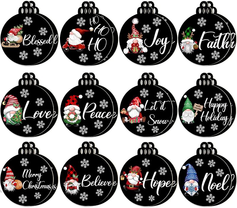 Photo 1 of  Christmas Gnomes Wooden Hanging Ornaments 24 PCS, Predrilled Round Hanging Gift Tags, Christmas Wishes Wood Slice for Tree Decorations with Ropes, Hanging Crafts for Home Decor
