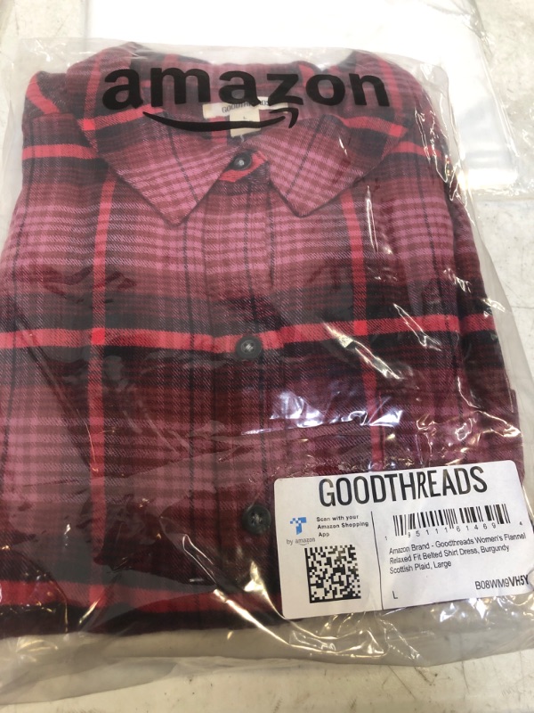 Photo 2 of Goodthreads Women's Brushed Flannel Relaxed-Fit Belted Shirt Dress SIZE Large Burgundy, Scottish Plaid