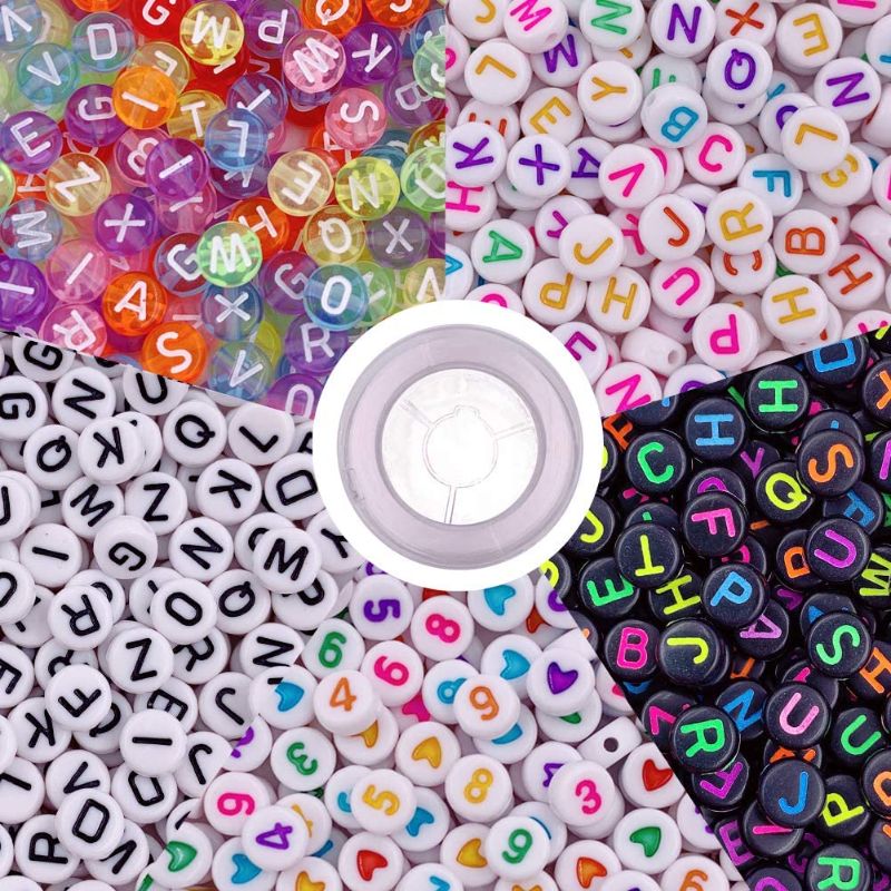 Photo 1 of 500 PCS Letter Beads Acrylic Round Beads Alphabet Beads Number Beads Large Hole Beads with Elastic String for Jewelry Making
